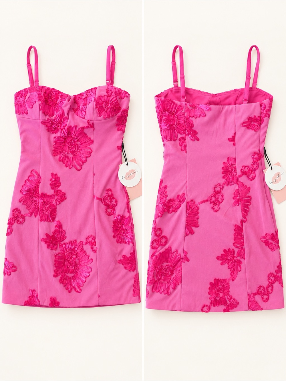 KissProm Coral Pink Floral Embroidered Mini Dress — US 6